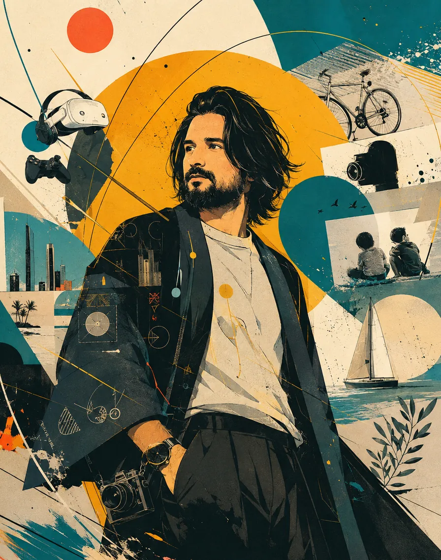 Illustrated collage: a portrait of Dima surrounded by the things he loves — a camera, a bicycle, a VR headset, a gamepad, a sailboat, and a city skyline.