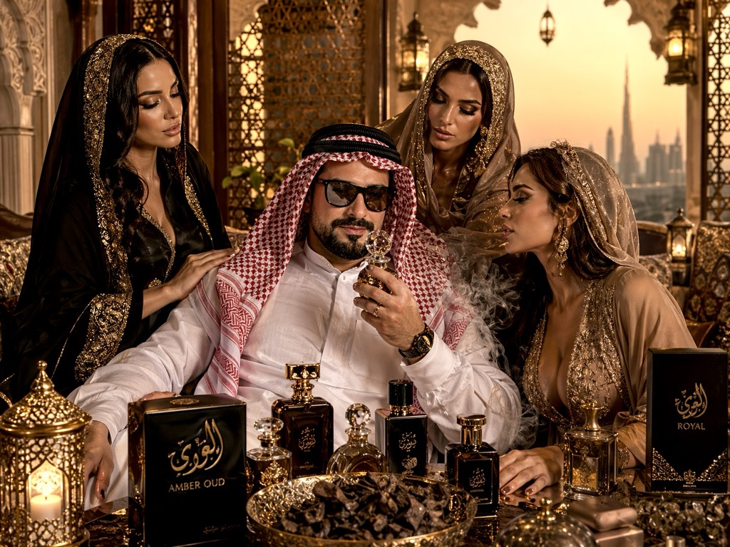A man in traditional Gulf attire admiring a perfume bottle, surrounded by ornate flacons.